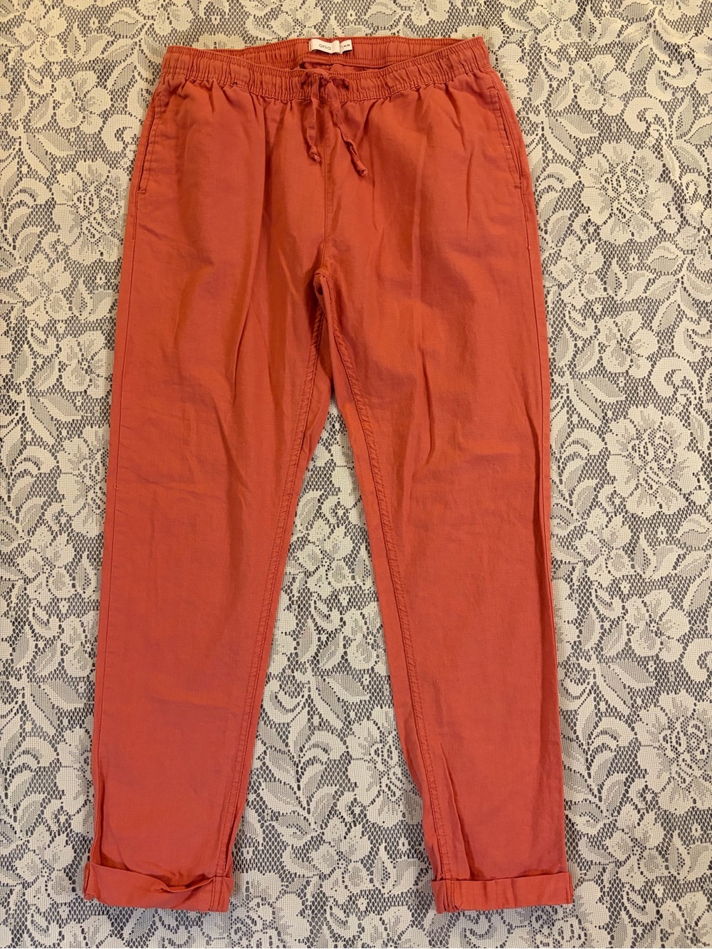 Onia Linen & Cotton Coral-Red Tapered Leg Drawstring Pants